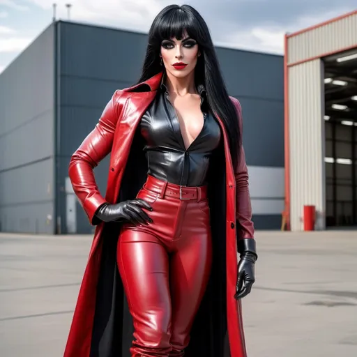 Prompt: Scarlet leather long coat. Black leather shirt, pants. Gorgeous muscular 25-year-old Romanian drag queen (masculine jawline and brow facial features) bodybuilder with very long shiny black hair with bangs. 8 inch stiletto high heel boots, gloves. Standing in a parking lot outside a modern warehouse building. 2d studio Ghibli anime style.