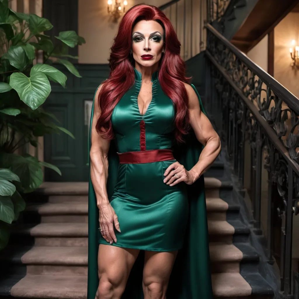 Prompt: (satin uniform a-line dress), deep green color, full body gorgeous ultra-muscular 45-year-old Bulgarian drag queen bodybuilder, (long dark red hair), beautifull facial features, masculine jawline and brow, dark eye makeup,  dark lipstick, spotlight illuminating figure, luxurious mansion stairwell backdrop, opulent surroundings, rich textures, soft dramatic shadows, elegant atmosphere, high-quality details, sophisticated elegance, vivid contrasts, nostalgic ambiance, grand architecture, captivating composition, (ultra-detailed) setting, dreamy and enchanting mood.