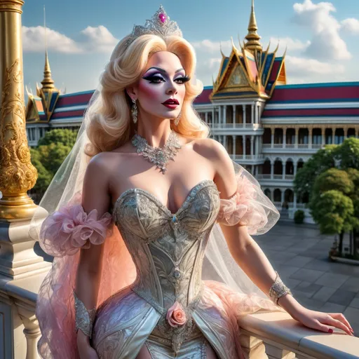 Prompt: A long, long time ago, on a sunny day, a stunningly beautiful drag queen princess (ultra detailed )with a graceful figure stood on the balcony of a grand palace. She was dressed in a gorgeous drag queen princess gown, gazing out at the scenery beyond.
fine detailed drawing, professional photo, HDR, UltraHD, a lot of details, pixel study, 3D, detail, photorealism, majestic, stunning, elegant, brillant, magnificent, effulgent, refulgent,
, lovely, epic, large busom, long platinum blonde hair, dark eyeshadow, dark lipstick, mystic, full body view, classical and warm lighting style and cinematic art, portrait view, close up view 

