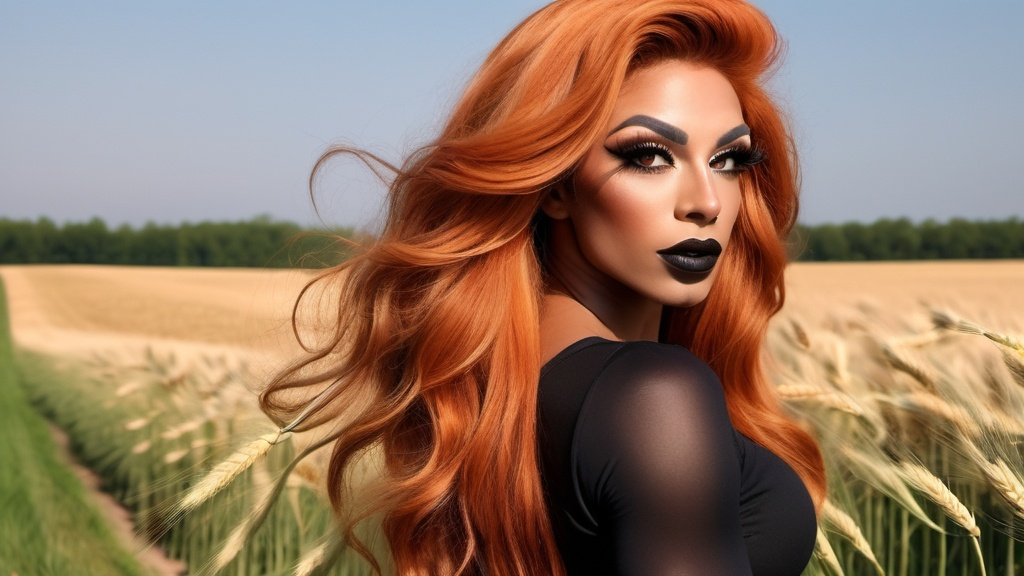 Prompt: (Walking through a sunkissed wheat field) Gorgeous ultra-muscular 25-year-old drag queen who is multiracial of Dutch, Persian, and Russian origin with Breathtakingly Gorgeous features. She has long, wavy bight orange hair and grey eyes, and her skin tone is olive complexion. Wearing dark eye shadow and dark lipstick. She is currently wearing a sundress and 8 inch stiletto knee-high boots. Walking through a sunkissed wheat field.