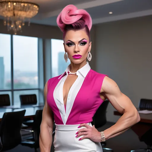 Prompt: 64k Hi-res digital hd detailed photograph of a Gorgeous, muscular, 25-year-old Ukrainian drag queen bodybuilder ((strong, masculine jawline and brow features)), dark pink updo hairstyle, wearing sophisticated multicolored business dress and white blouse, 8 inch stiletto high heel shoes, standing in a meeting room.