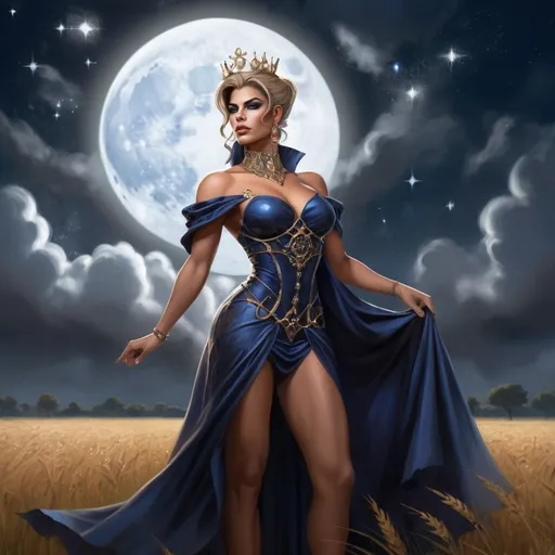 Prompt: The Queen Of Time And Space, a gorgeous muscular drag queen (with strong masculine jawline and brow facial features), Dark blonde hair and big busom, in a midnight blue dress standing in a field of clouds and stars with a full moon behind her, Anne Stokes, fantasy art, epic fantasy character art, concept art