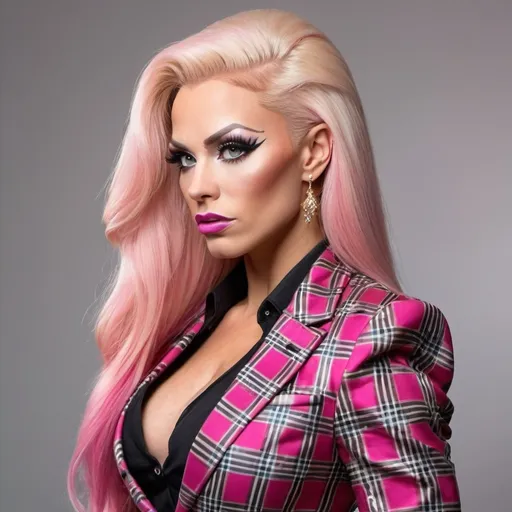 Prompt: Professional head to feet profile of a gorgeous ultra-muscular 25-year-old Finnish drag queen bodybuilder, intricate diamond face, very long straight shiny pink hair, arched eyebrows, button nose, intricate makeup, gold jewelry, multicolored blazer, white blouse, pleated black tartan skirt, 8 inch stiletto high heel shoes, high-res photo, detailed, realistic, professional, head to waist, vibrant colors, intricate details, high quality, indoor photo, warm light, shoulders turned away from camera, head tilted, dynamic pose