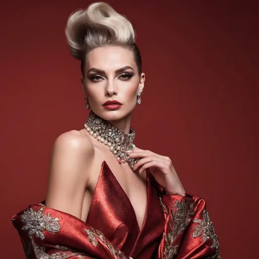 Prompt: A mesmerizing portrait graces the cover of an elite fashion magazine, capturing the essence of high-end sophistication. Set against a sunset-red backdrop, the gorgeous, muscular, Hungarian drag queen (slight masculine jawline and brow features), model exudes confidence and allure, adorned in exquisite fashion garments that epitomize elegance and class. This breathtaking image transcends traditional notions of style, embodying an innovative vision of haute couture that pushes the boundaries of modern aesthetics.