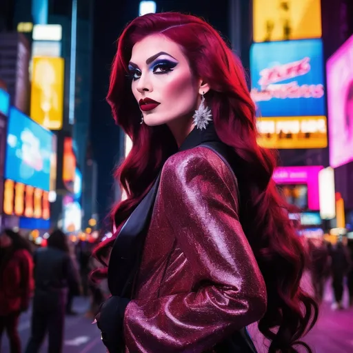 Prompt: Gorgeous masculine 25-year-old Czechian drag queen with long dark red hair wearing a mix of men's and women's clothes. 8 inch stiletto high heel shoes.  Dark eye makeup and dark lipstick.  Location: Time Square.