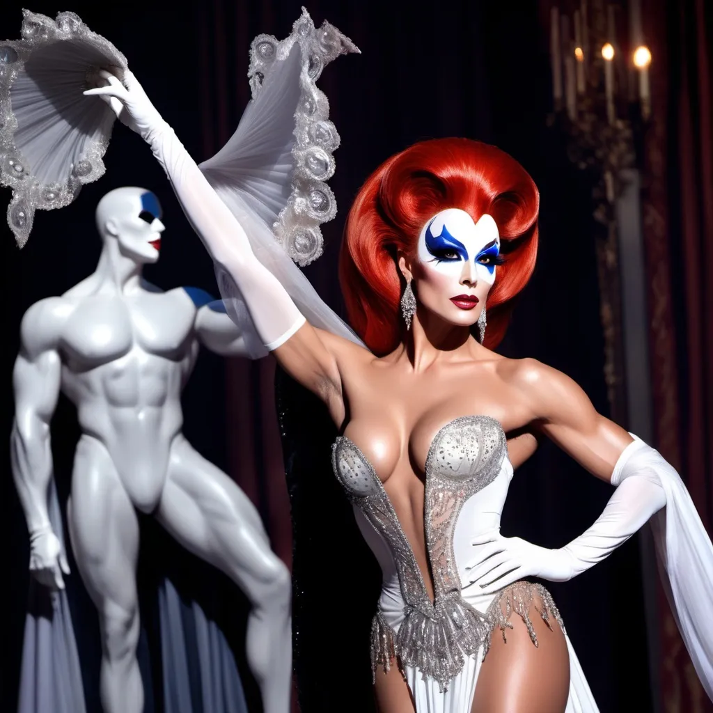 Prompt: If Phantom of the Opera was a gorgeous supermodel drag queen (full length photo) with long muscular legs and a very muscular physique