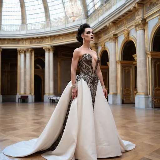 Prompt: Design a modern glamorous wedding dress worn by a real life gorgeous muscular 35-year-old Turkish drag queen ((strong masculine jawline and brow features)) model dress to be daring and glamorous and elegant, dark eye makeup, dark lipstick.  Posing in the Palace of Versailles.