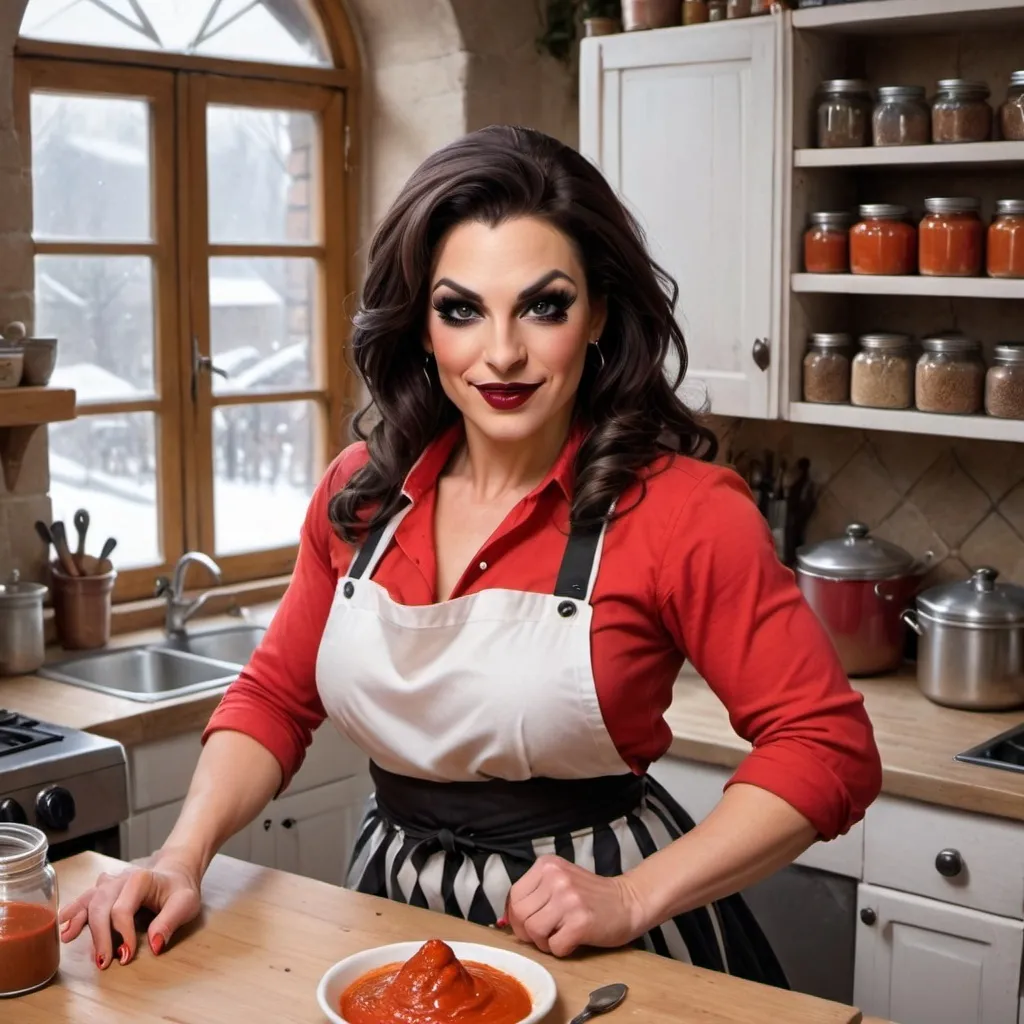 Prompt:  A warm kitchen with a cheerful gorgeous muscular 35-year-old italian drag queen bodybuilder with dark hair, dark eye makeup, dark lipstick, and  large busom, wearing a bright apron over a casual blouse and pants, stirring a big pot of tomato sauce on the stove. She sits nearby on a stool with big, curious eyes. A window shows the snowy village outside, and the kitchen shelves are full of spices and garlic.
