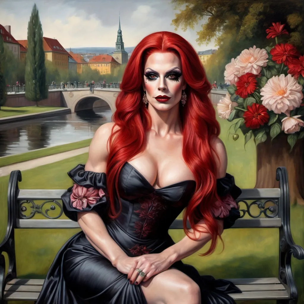 Prompt: Painting of a gorgeous muscular 35-year-old Swedish drag queen with dark eyeshadow,  dark red lipstick, and long red hair, sitting on a bench in a park wearing a dress with flowers, renaissance oil painting, a painting