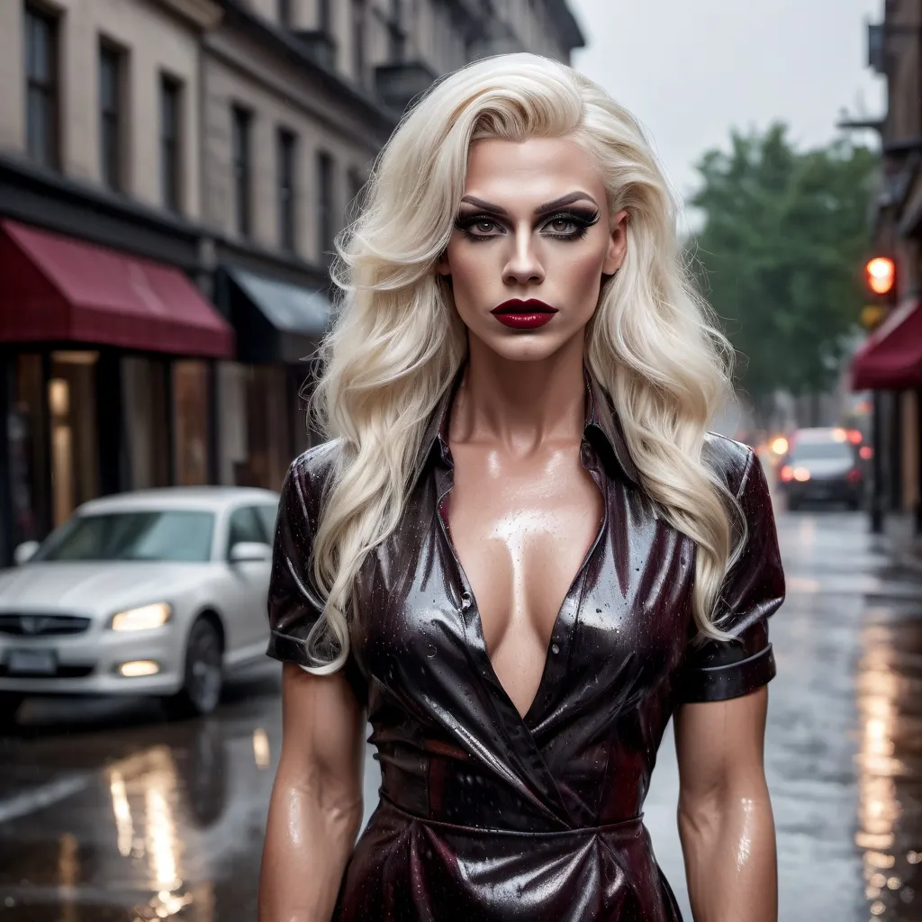 Prompt: photorealistic, (highly realistic) portrayal of a gorgeous muscular 25-year-old Czechian drag queen (strong masculine jawline and brow features) with long stylish wavy platinum blonde hair, wearing a stylish men's shirt as a dress, elegant high heels, dark eyeshadow,  and dark red lipstick, standing confidently on a wet, glistening street after rain, with puddles reflecting streetlights, soft atmospheric glow, (moody), gently falling raindrops, urban ambiance, striking pose, captivating expression, rich colors, (ultra-detailed), nighttime cityscape background.