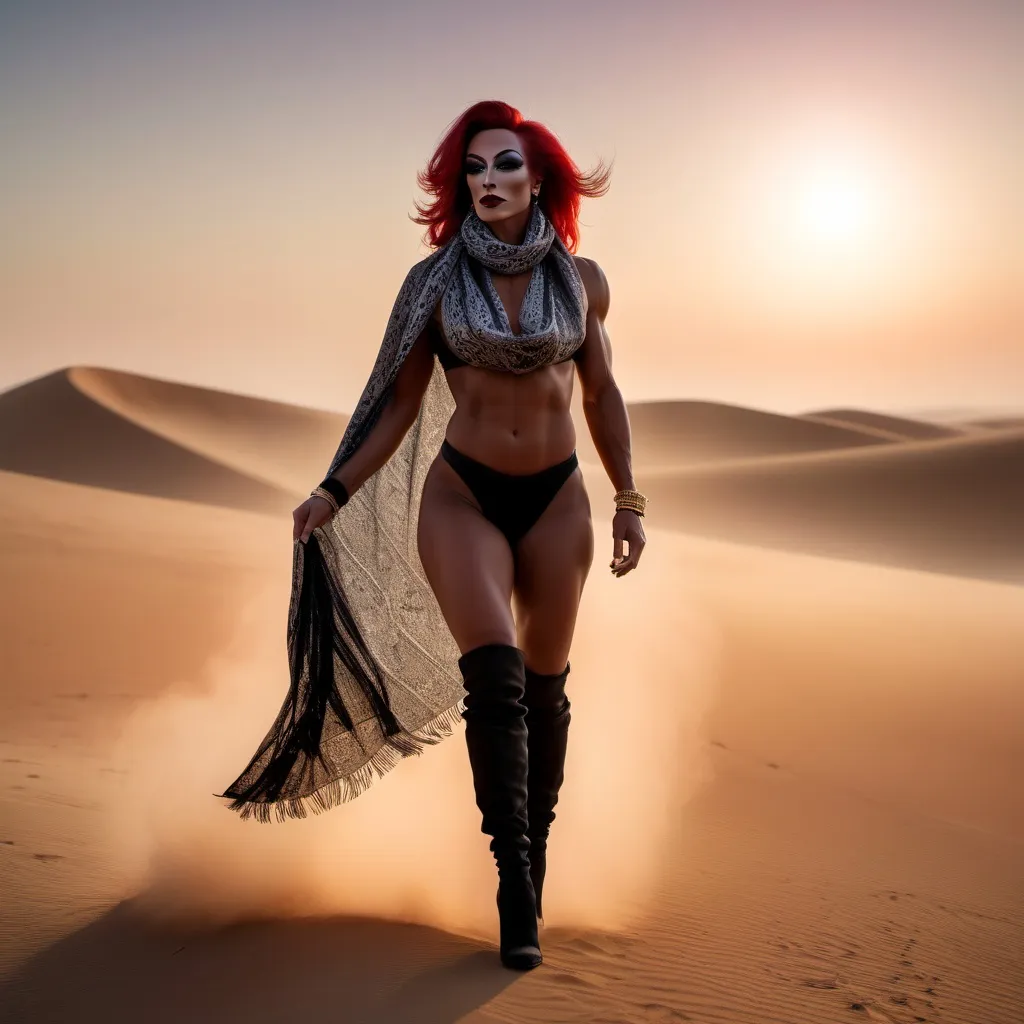 Prompt: The silhouette of a gorgeous muscular 35-year-old French drag queen bodybuilder with an Arab scarf and stiletto knee-high boots walking away on a dune walks into the sunset , mist