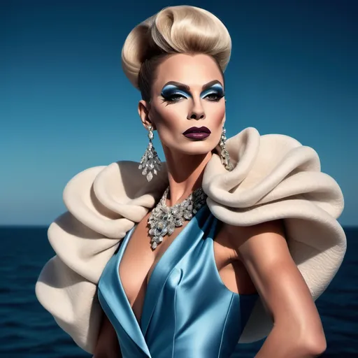 Prompt: A mesmerizing portrait graces the cover of an elite fashion magazine, capturing the essence of high-end sophistication. Set against a ocean-blue backdrop, the gorgeous, muscular, Hungarian drag queen (slight masculine jawline and brow features), model exudes confidence and allure, Large busom, adorned in exquisite fashion garments that epitomize elegance and class. This breathtaking image transcends traditional notions of style, embodying an innovative vision of haute couture that pushes the boundaries of modern aesthetics.