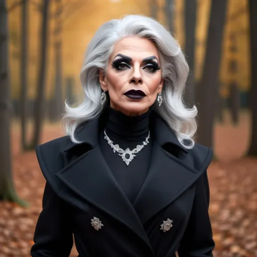 Prompt: Beautiful French drag queen, 45-year-old, silver hair, in autumn forest in black long fashion coat, dark eyeshadow and dark lipstick,  very strong masculine jawline and brow,.