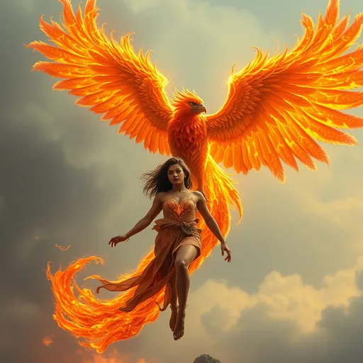 Prompt:  a flaming phoenix hovers overtop a 25-year-old muscular goddess. The 25-year-old goddess has clothes made of flames from the Phoenix and looks like a phoenix as a 25-year-old goddess. Full length. Muscular. Large busom.