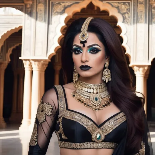 Prompt: A futuristic rendition of Indian royalty, where a gorgeous muscular 35-year-old Pakistani drag queen bodybuilder (dark eyeshadow,  dark lipstick,  heavy mascara) is dressed in a dazzling outfit featuring traditional Indian elements like rich silk, gold embroidery, and intricate jewelry, but with a high-tech twist. The palace is a blend of old and new, with ancient marble columns adorned with glowing circuit patterns, and holographic elephants walking through the palace courtyard. The scene is bathed in soft, ethereal light, creating a majestic atmosphere