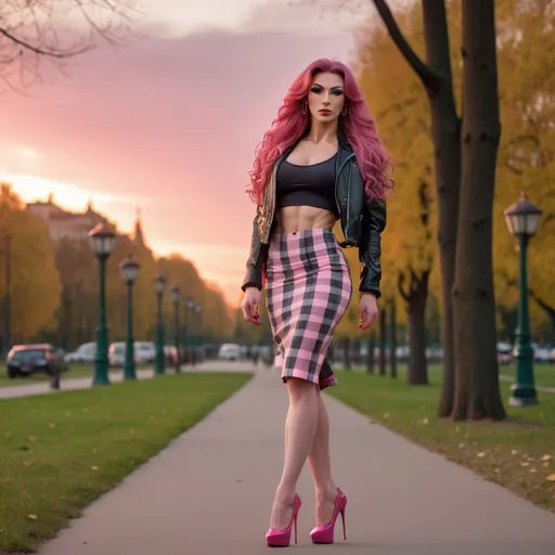 Prompt: A tall gorgeous ultra-muscular 25 years old Russian trans bodybuilder, very well endowed, extremely long wavy dark pink hair, cute crop top with jacket and trendy checked pencil skirt, 8 inch stiletto high heel shoes, walking through the park at sunset.