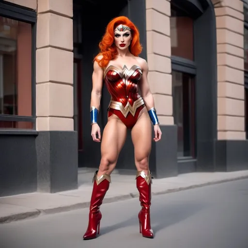 Prompt: Gorgeous ultra-muscular 25-year-old Russian drag queen bodybuilder dressed as Wonder woman with 8 inch stiletto high heel boots, posing in the street. Short orange hair. Natural makeup. Dark eye shadow. Dark red lipstick.