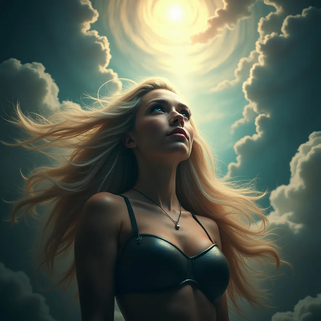 Prompt: A gorgeous ultra-muscular 25-year-old Czechian drag queen bodybuilder with very long straight shiny hair, bathed in ethereal light, surrounded by swirling patterns reminiscent of turbulent winds and celestial bodies. Within the chaos, there is a sense of calm determination in the subject's expression as they gaze upwards towards a distant point of light, representing their journey through adversity ("Per Aspera") towards the lofty heights of their aspirations ("ad Astra").