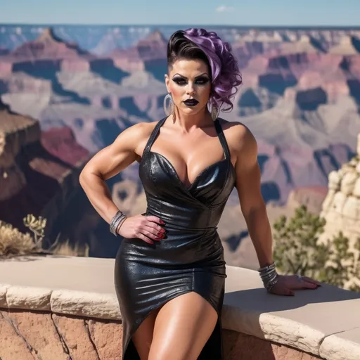 Prompt: Photo of a gorgeous muscular 25-year-old American Caucasian drag queen bodybuilder with Aubrn wavy updo hair, dark eyeshadow,  dark lipstick, and huge busom, wearing a summer sundress and 8 inch stiletto high heels, fierce expression, standing on a street and the iconic Grand Canyon in the background provide a vibrant, cinematic backdrop.  High-resolution camera with Canon EOS R3 and RF 85mm f/1.2 lens captures