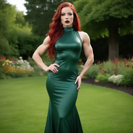 Prompt: a gorgeous 25-year-old Swedish goddess bodybuilder in  a  long green Empire Dress with a high neck line and 8 inch high heel shoes, standing on the green grass, a beautiful expressive face, ridiculously long wavy dark red hair,  dark eye shadow and dark red lipstick,  full-length, in an amazingly beautiful garden, highly photo, full-length photo, 64k hi-res digital realistic photography.