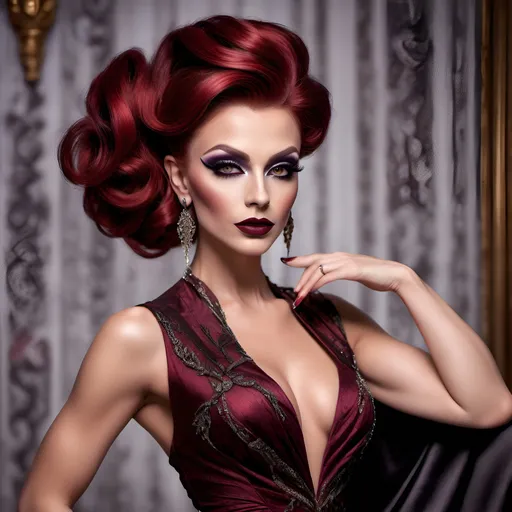 Prompt:  Gorgeous muscular 25-year-old Polish drag queen with dark red updo hair, dark eyeshadow,  dark lipstick, wearing a (elegant dress), (stylish fabric), flowing design, intricate details, luxurious texture, vibrant colors, warm ambiance, (graceful draping), exquisite embellishments, soft lighting, enchanting atmosphere, rich patterns, HD, ultra-detailed, stunning visual composition, ideal for fashion showcase, inviting elegance