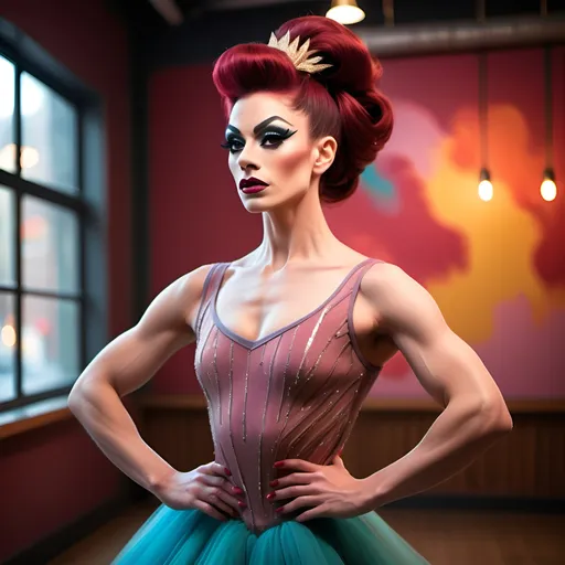 Prompt: (a strong and determined gorgeous drag queen (long updo dark red hair, strong masculine jawline and brow)), ballet pose, focused expression, vibrant background, bright and uplifting colors, warm and optimistic atmosphere, stylish yet modest clothing (long muscular legs), representing hard work and perseverance, soft lighting enhancing emotions, conveying love, high-quality, ultra-detailed, heartwarming scene.