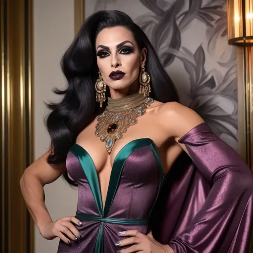 Prompt: Gorgeous muscular 35-year-old Arabic drag queen bodybuilder with long hair, dark eye makeup, dark lipstick, and large busom, wearing (Gucci Sanremo dress), elegant high-fashion design, flowing fabric with intricate draping, lush textures, shimmering elegant fabrics, (vibrant colors), modern and luxurious ambiance, (ultra-detailed), soft diffused lighting to highlight details, stylish accessories, framed by a chic backdrop that enhances the garment's sophistication.