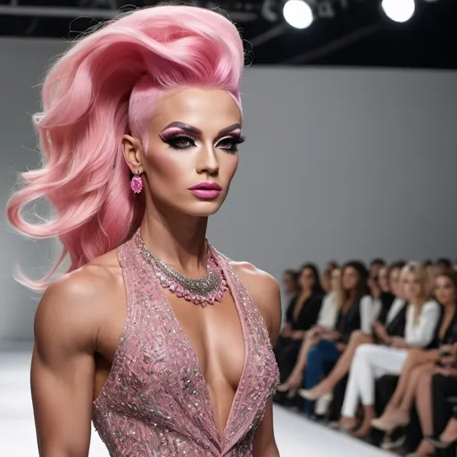 Prompt: Gorgeous statuesque 25-year-old Russian drag queen bodybuilder runway model with pink hair walking the catwalk at a fashion show.