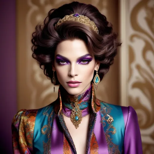 Prompt: (Prince dressed in drag wearing an Etro dress), fashion elegance, (stylish pose), intricate patterns, vibrant colors, (high fashion), soft focus, warm lighting with a glamorous touch, showcasing elegant accessories, luxurious fabric detail, upscale ambience, beautifully styled hair, (ultra-detailed), captivating expression, fashion-forward aesthetic, luxurious background elements.