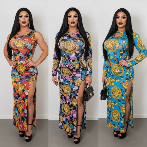 Prompt: Location: Random
Clothing: Random colorful Versace outfits
Hair color: Random 
Hair length: Random

Gorgeous muscular 20-year-old Slovenian drag queen, big busom, dark eye makeup, dark lipstick, 8 inch stiletto high heel shoes. 