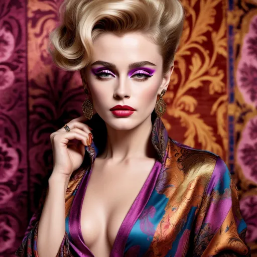 Prompt: ( James Dean dressed in drag wearing an Etro dress), fashion elegance, (stylish pose), intricate patterns, vibrant colors, (high fashion), soft focus, warm lighting with a glamorous touch, showcasing elegant accessories, luxurious fabric detail, upscale ambience, beautifully styled hair, (ultra-detailed), captivating expression, fashion-forward aesthetic, luxurious background elements.