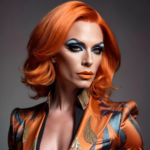 Prompt: Gorgeous muscular 35-year-old British drag queen (masculine jawline and brow features) with shoulder length stylish orange hair (Cavalli outfit), high fashion, (luxurious fabric), intricate detailing, dramatic silhouette, bold patterns, pastel colors, modern and stylish, runway-ready, beautifully styled, expressive poses, atmospheric lighting, artistic composition, edgy accessories, urban chic background, (trendy environment), cinematic aesthetic, ultra-detailed, high quality, shoulder length Brunette hair.