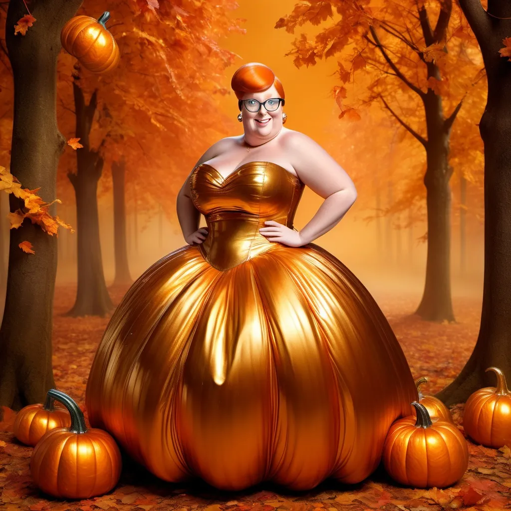 Prompt: (Peter Griffin in a striking costume), (Rabanne metallic pumpkin dress), vivid and eye-catching colors, high-fashion glamour, elegant pose, dramatic lighting that enhances the metallic sheen, expression conveying confidence, surreal background blending autumnal elements, warm tones of orange and gold, ultra-detailed, whimsical and playful atmosphere, combining high art with contemporary fashion.