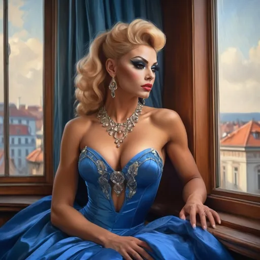 Prompt: Gorgeous muscular 25-year-old tanned Austrian drag queen bodybuilder (strong masculine jawline and brow facial features) with big busom in a blue dress sitting on a window sill, beauty art nouveau, romanticism photograph, beautiful fantasy painting, elegant cinematic fantasy photography, very beautiful fantasy photography, beautiful fantasy photography, photoreal elegant, fantasy portrait, gorgeous digital photography, elegant, retro vintage and romanticism, ( ( konstantin razumov ) ), elegant drag queen, hyper-realistic 