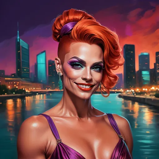 Prompt: digital painting of a city skyline with a gorgeous muscular 35-year-old Swiss drag queen (masculine jawline and brow features) with long burnt orange updo hair wearing a wrap around teal dress, smiling  and a river in the background at night time with a bright red and purple sky reflecting on the water , art photography, at night, high resolution , realism , beautiful sunset , low angle shot of the woman