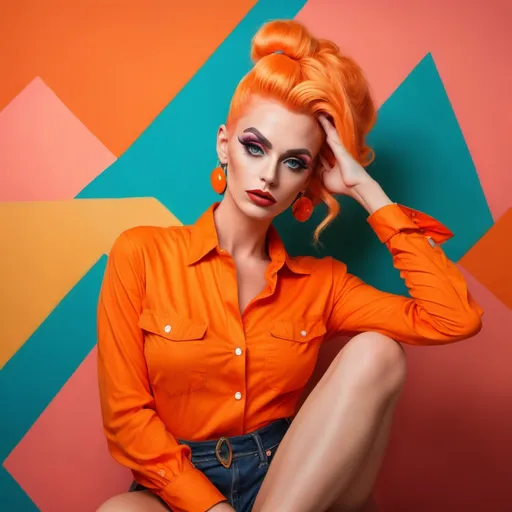 Prompt: a gorgeous 25-year-old German drag queen in an oversized orange button-up shirt posing for a picture with her legs crossed and her hand on her head, Anna Katharina Block, kitsch movement, colourful, a pop art painting