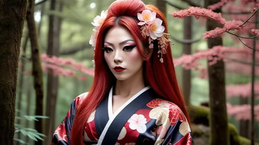 Prompt: Full body gorgeous ultra-muscular 25-year-old Japanese drag queen bodybuilder in a kimono, serene forest setting, traditional Japanese art style, long red hair, vibrant colors, detailed floral patterns, soft and natural lighting, detailed facial features, dark smoky eyeshadow, heavy mascara, dark red lipstick, peaceful atmosphere, high quality, traditional, serene forest, detailed kimono, vibrant colors, Japanese art style, 25-year-old, detailed facial features, natural lighting