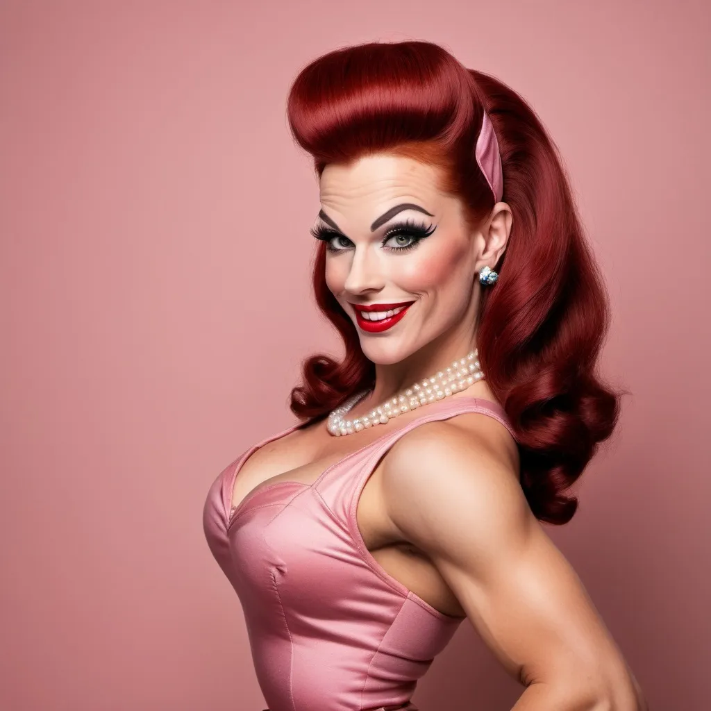 Prompt: Gorgeous ultra-muscular 25-year-old Swedish drag queen bodybuilder with dark red hair dressed as a 1950s housewife pinup hostess flirty smile head back small wave