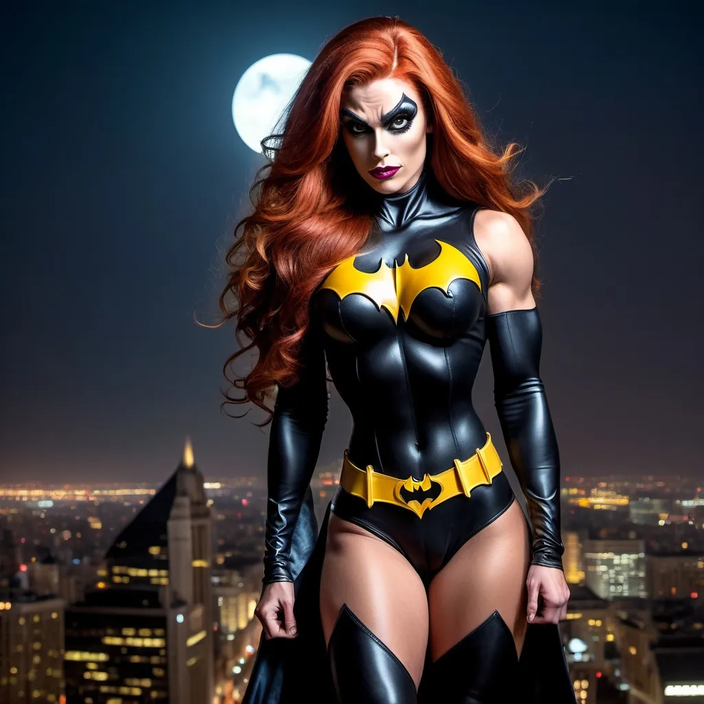 Prompt: Gorgeous muscular 25-year-old Hungarian drag queen bodybuilder with long flowing wavy red hair, huge busom, dressed as Batgirl (((DC Comics Character))), 8 inch stiletto thigh-high high heel boots, standing on a gargoyle looking down on Gotham City as night. Cape blowing in the wind. 