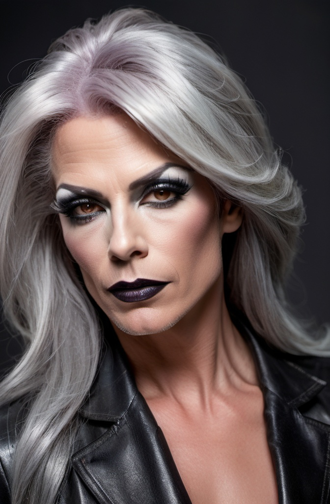 Prompt: Location: Random
Hair color: salt & Pepper
Hair length: Random
A high definition hyper-detail live action digital photograph of a gorgeous masculine 45-year-old, athletic, Belgian drag queen. Masculine jawline, chin and brow. Feminine muscular body and legs. Dark eye makeup and dark lipstick. Wearing a gorgeous ensemble of men's and women's clothing with 8 inch stiletto high heel shoes.