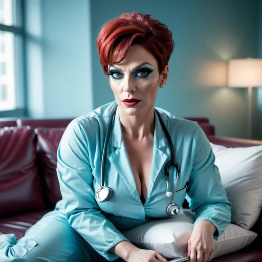 Prompt: (realism style photo), gorgeous muscular 35-year-old French drag queen surgeon with huge busom, dark eye makeup, and dark lipstick, (cool color scheme), messy pixie cut red hair, reclining on couch, wearing light blue scrubs , glaring at overhead intercom paging her back to work, personnel lounge ambiance, soft lighting, relaxed atmosphere, high detail, ultra-detailed, modern setting, refreshingly casual, (inviting and cozy) environment.