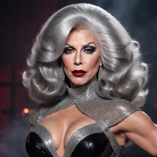 Prompt: image of John Travolta dressed as a gorgeous 45-year-old (((full figured))) Czechian drag queen with very long professionally styled silver hair, wearing a flamboyant, yet conservative black crimson and silver Bob Mackie designer Gown, heavy eye makeup,  dark red lipstick, posing in a smokey Cabaret. hyper-realistic quality, ultra-detailed 4K imagery.