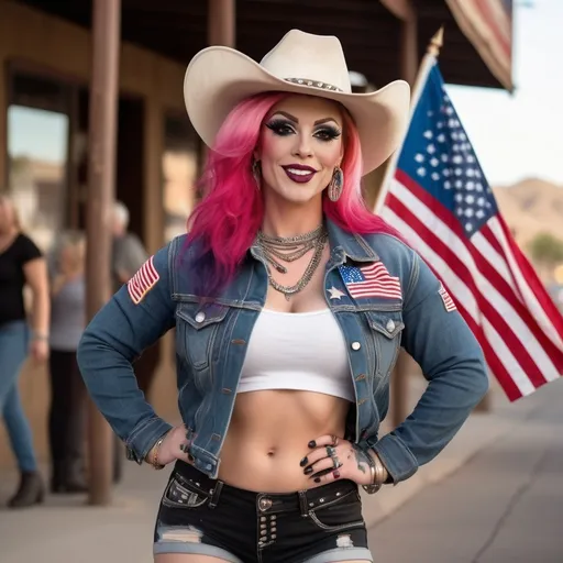 Prompt: Pink haired gorgeous muscular 35-year-old Texan drag queen bodybuilder wearing dark eye makeup, dark lipstick, a US Flag denim jacket, US Flag denim miniskirt, cowboy hat & high heel boots, walking on desert southwest street, smiling over her shoulder, rear view, high-res, flawless face, professional photo, desert southwest town, American style, sunny warm lighting, detailed miniskirt and boots, happy expression, flag design, western style, casual fashion, vibrant colors, street scene, sunny 