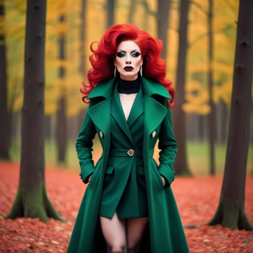 Prompt: Beautiful drag queen, bright red hair, in autumn forest in green long fashion coat, dark eyeshadow and dark lipstick,  very strong masculine jawline and brow,.