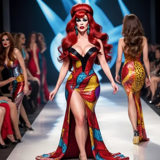 Prompt: Fred Flintstone dressed in drag with very long dark red wavy hair, wearing a multi-colored Versace gown, dark eyeshadow,  mascara, drak red lipstick,  and 8 inch stiletto high heel shoes,  walking the catwalk at a fashion show.