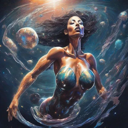 Prompt: A gorgeous ultra-muscular goddess swimming in a lake of liquid Mercury in outer space 