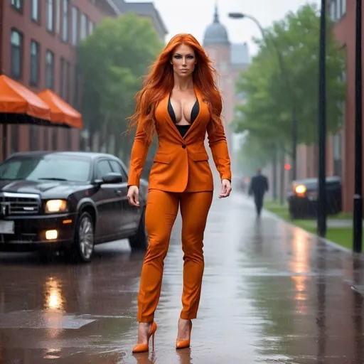 Prompt: A picture of a Gorgeous ultra-muscular 25-year-old Swedish goddess bodybuilder with huge busom and ridiculously long flowing burnt orange hair wearing a stylish business suit and 8 inch stiletto high heel shoes walking in the rain and looking directly at the camera from a medium distance.