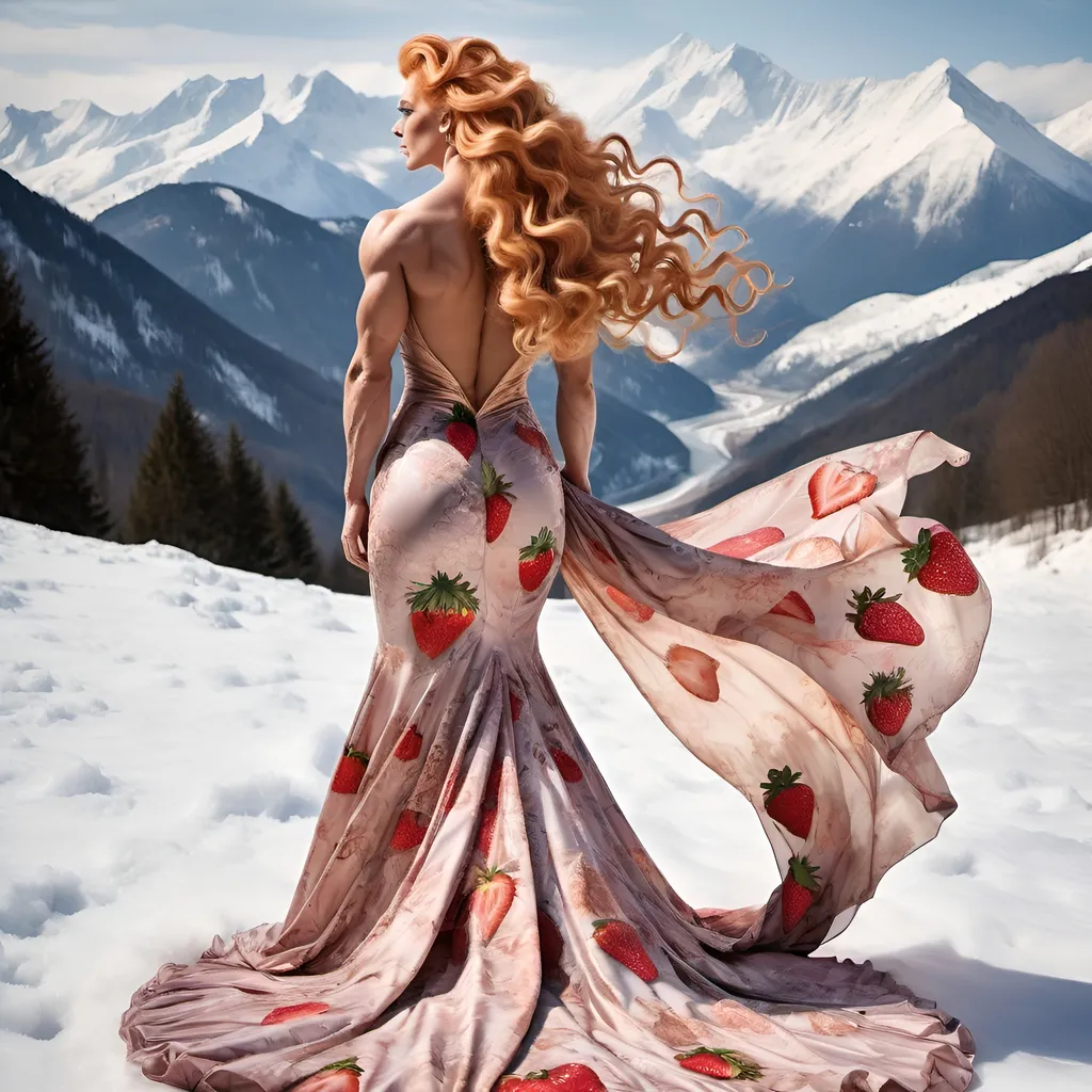 Prompt: Rear view of a gorgeous muscular 25-year-old German drag queen bodybuilder with very long strawberry-blonde curly hair (((blowing in the wind))) in a very long flowing floral gown with a long train and looking out toward the snow covered mountain.