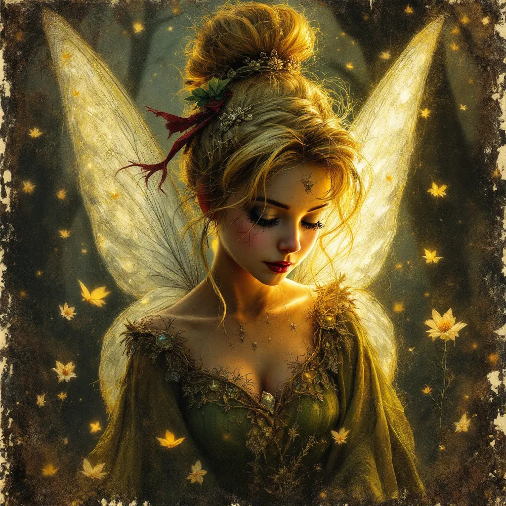 Prompt: Grunge medieval Tinkerbell, impasto, old picture effect, whimsical, highres, detailed, medieval, impasto, old picture effect, grunge, Snow White, fairy tale, dark tones, atmospheric lighting