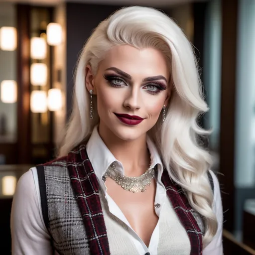 Prompt: Gorgeous muscular 25-year-old German drag queen (strong masculine jawline and brow) with long luscious platinum blonde hair, dark smoky eyeshadow and dark red lipstick, smile, silver jewels, chic white blouse, tweed sweater vest, plaid pencil skirt, standing profile in a luxe lobby, well lit, high detail & quality, 8k, pro photo.